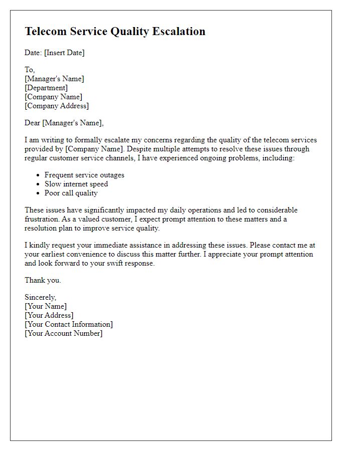 Letter template of telecom service quality escalation.