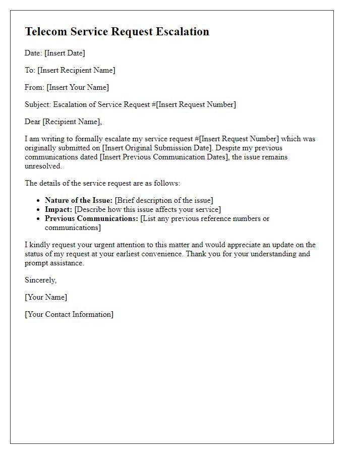 Letter template of telecom service request escalation.