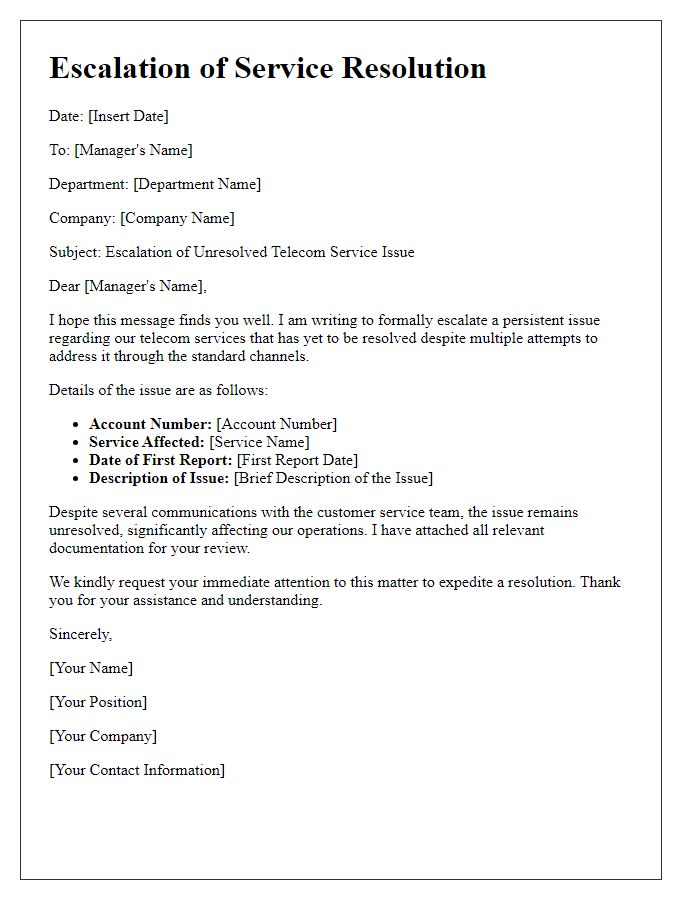 Letter template of telecom service resolution escalation.