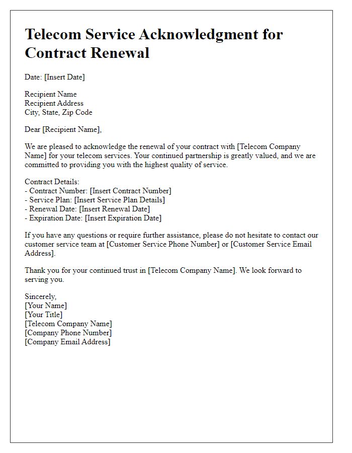 Letter template of telecom service acknowledgment for contract renewal.