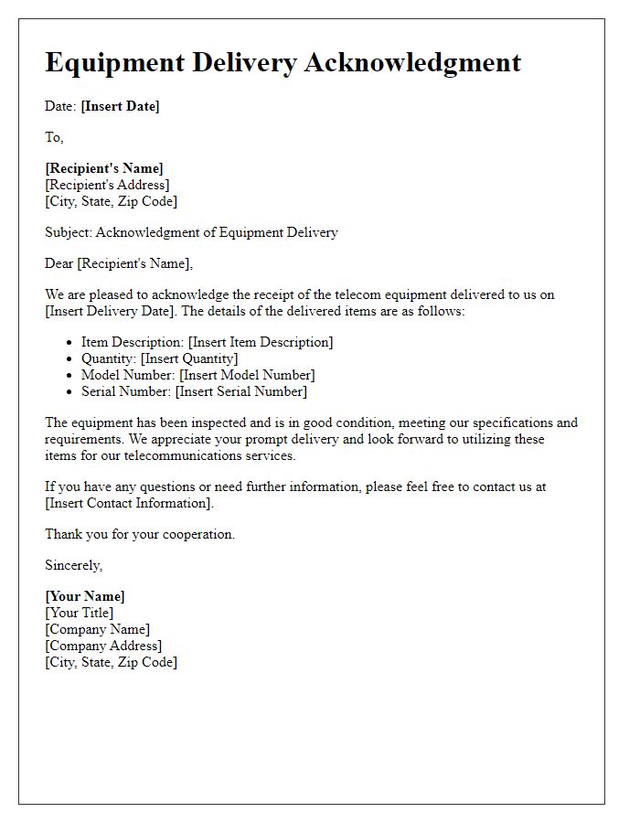 Letter template of telecom service acknowledgment for equipment delivery confirmation.