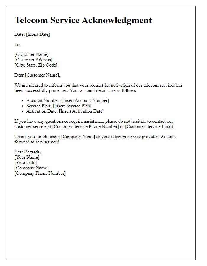 Letter template of telecom service acknowledgment for new customer activation.