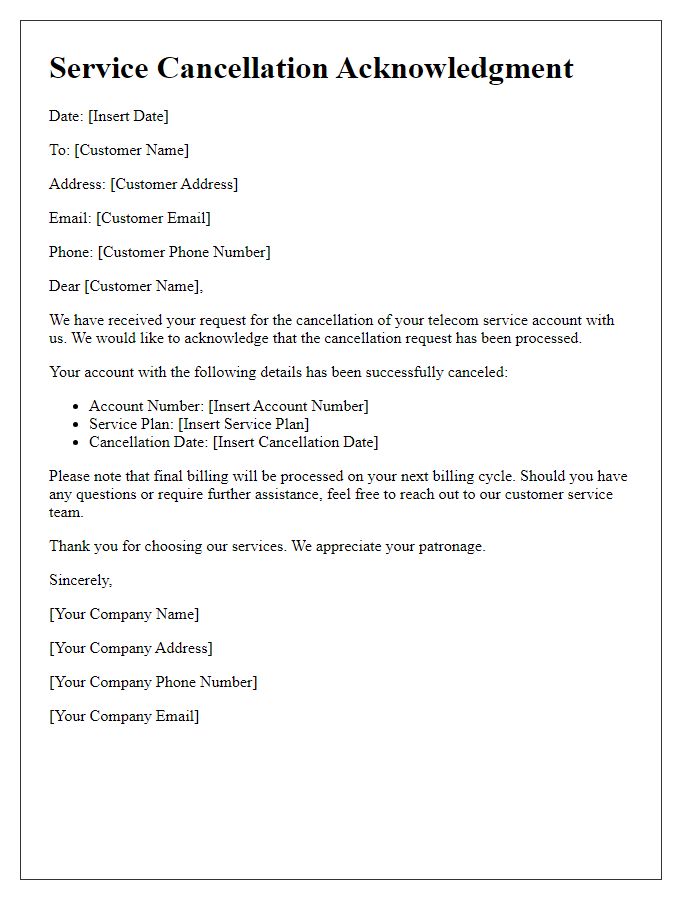 Letter template of telecom service acknowledgment for service cancellation request.