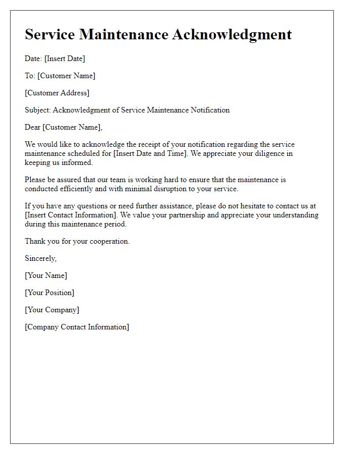 Letter template of telecom service acknowledgment for service maintenance notification.