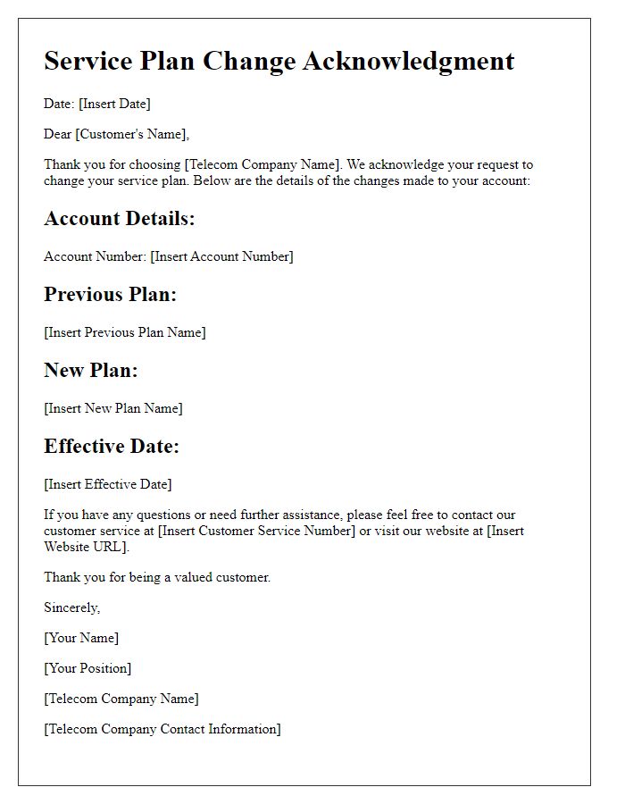 Letter template of telecom service acknowledgment for service plan changes.