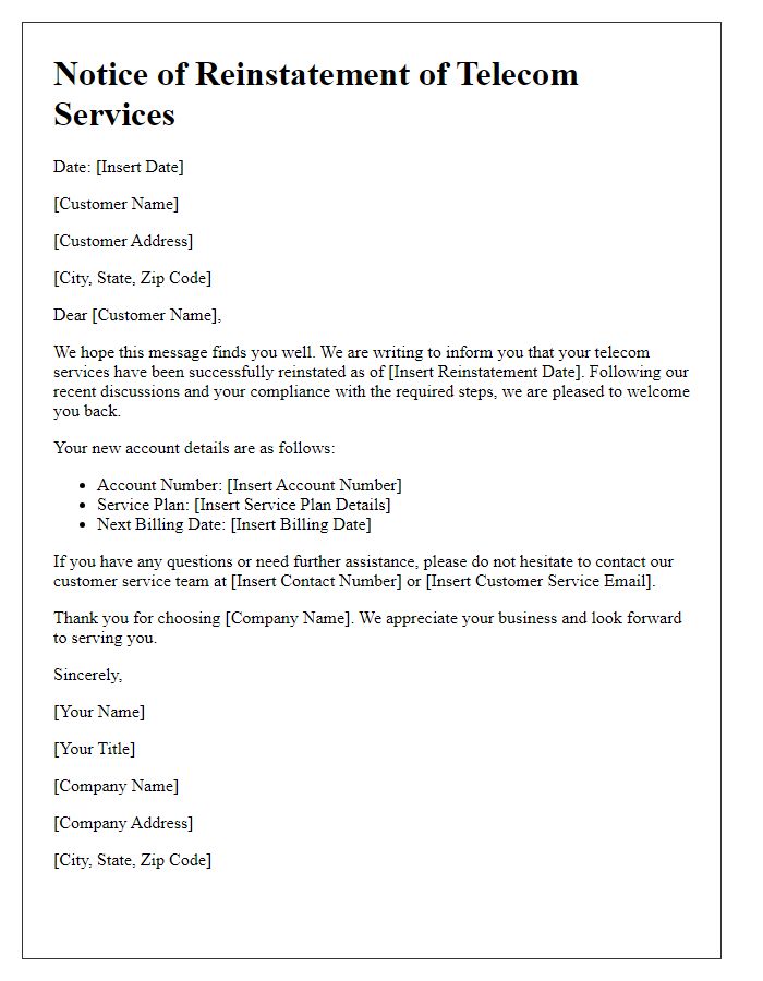 Letter template of notice for telecom service reinstatement