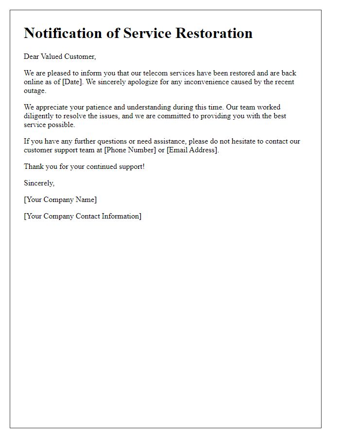 Letter template of notification on telecom services back online