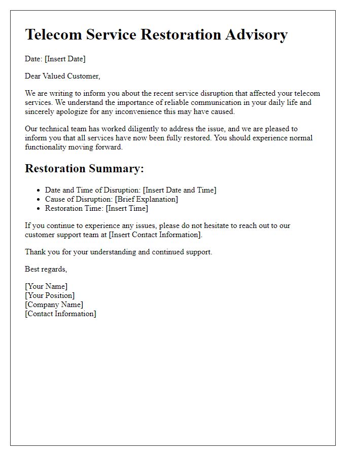 Letter template of telecom service restoration advisory