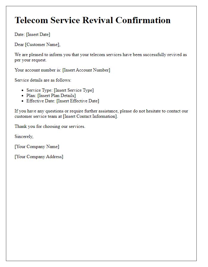 Letter template of telecom service revival confirmation