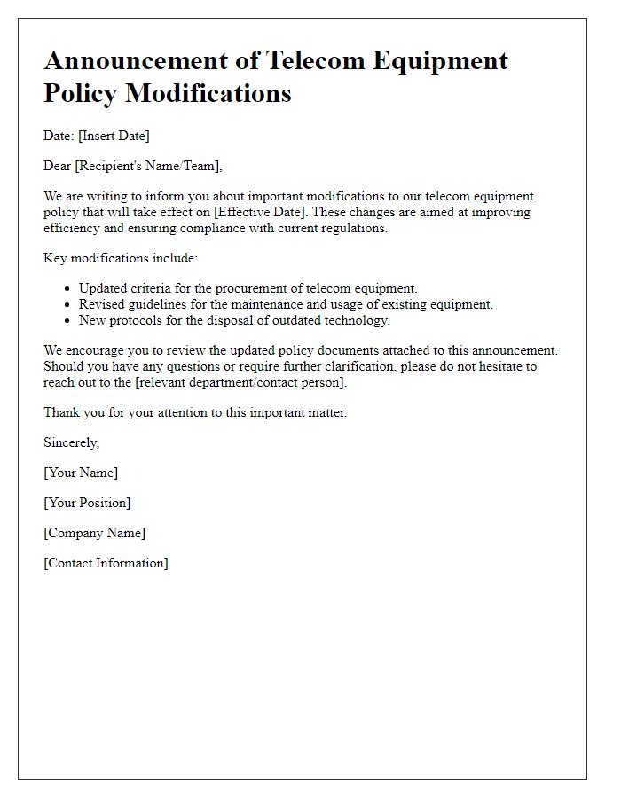 Letter template of announcement regarding telecom equipment policy modifications.