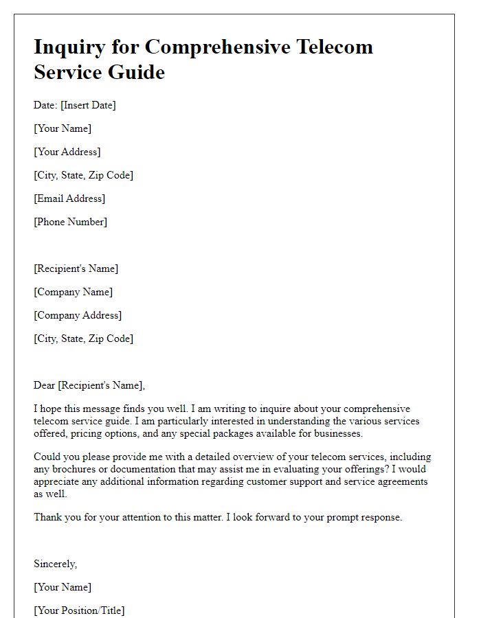 Letter template of inquiry for comprehensive telecom service guide