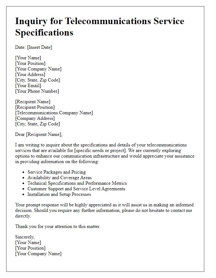 Letter template of inquiry for telecommunications service specifications