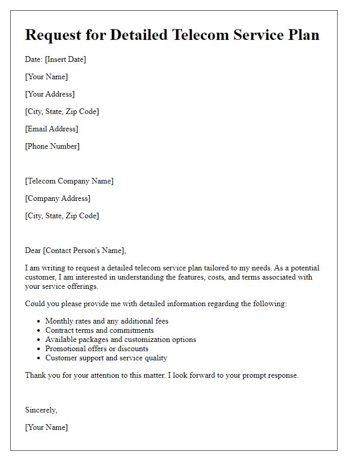 Letter template of request for detailed telecom service plan