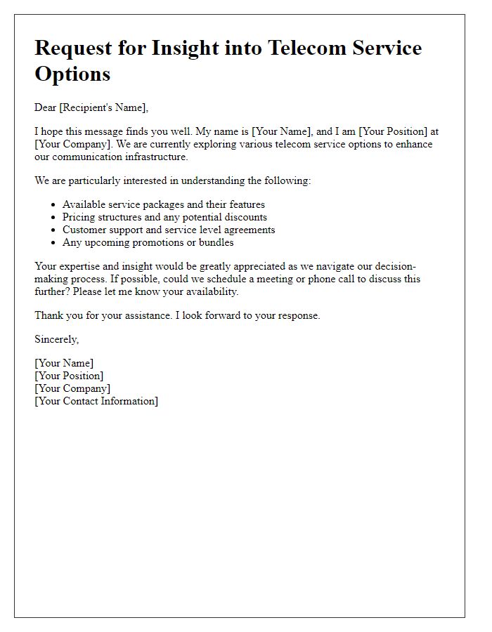 Letter template of request for insight into telecom service options