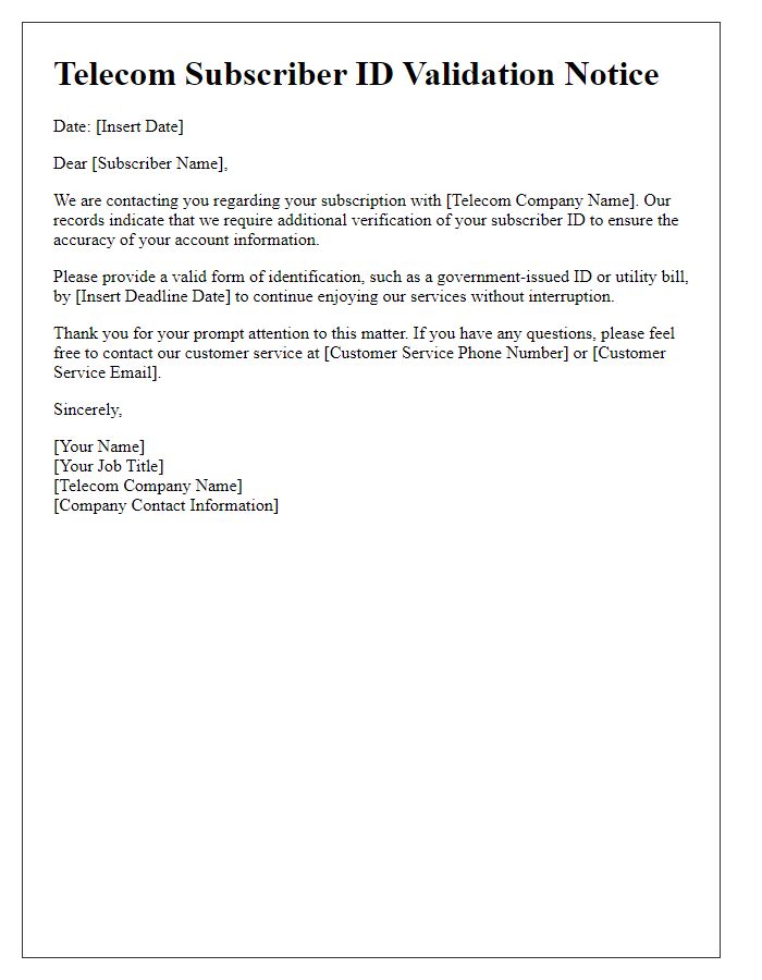 Letter template of telecom subscriber ID validation notice