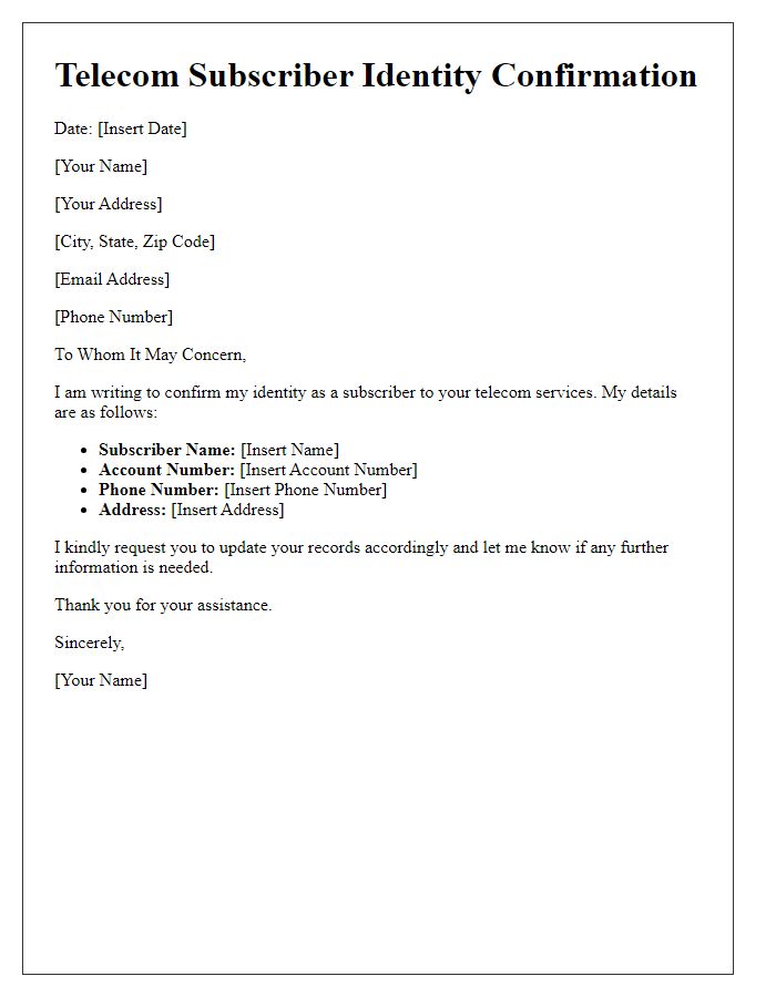 Letter template of telecom subscriber identity confirmation