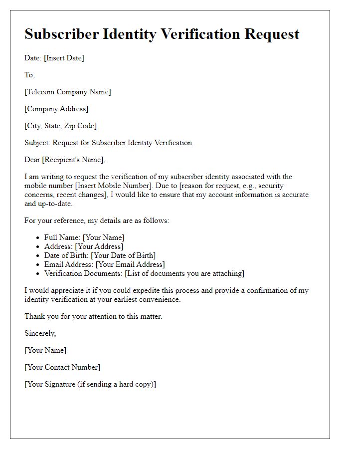 Letter template of telecom subscriber identity verification request