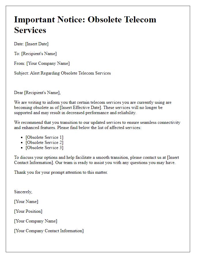 Letter template of alert regarding obsolete telecom services