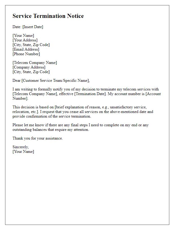 Letter template of communication on telecom service termination