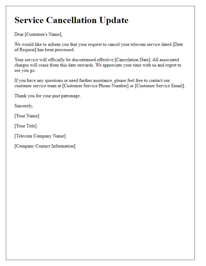 Letter template of outdated telecom service cancellation update