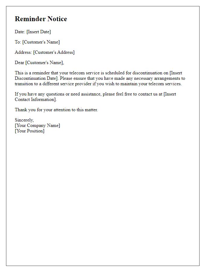 Letter template of reminder for telecom service discontinuation