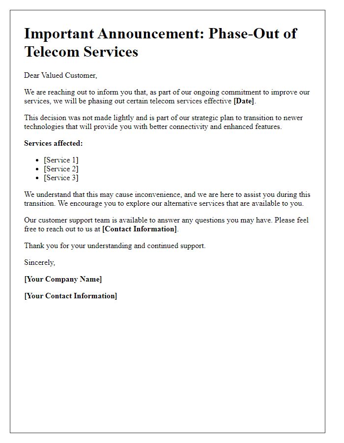 Letter template of telecom service phase-out announcement