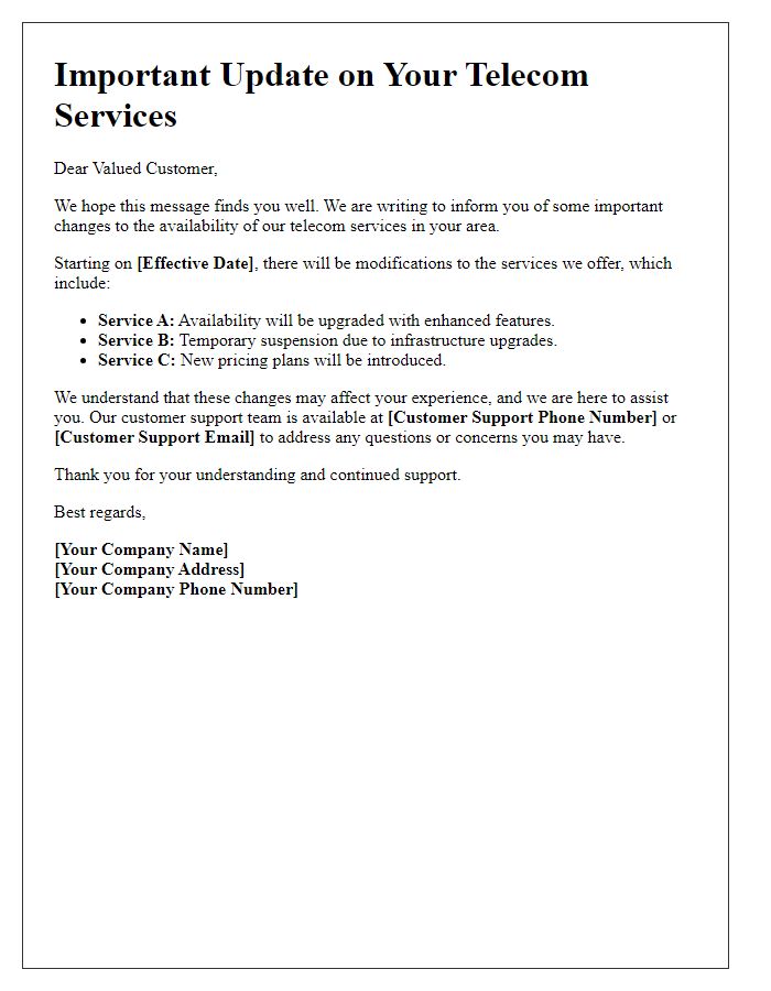 Letter template of update on telecom service availability changes