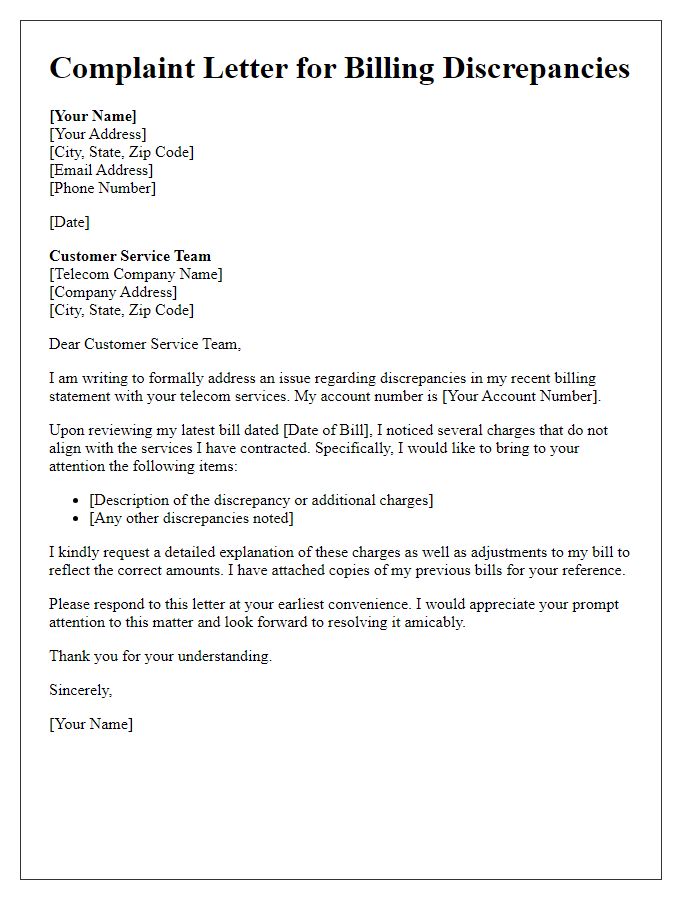 Letter template of telecom service complaint for billing discrepancies.