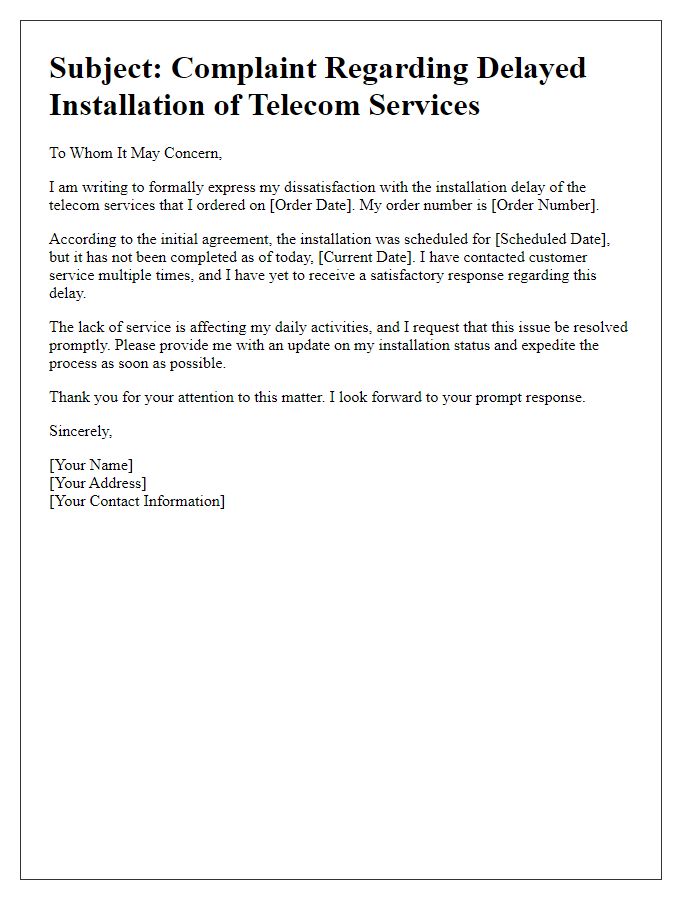 Letter template of telecom service complaint for delayed installation.