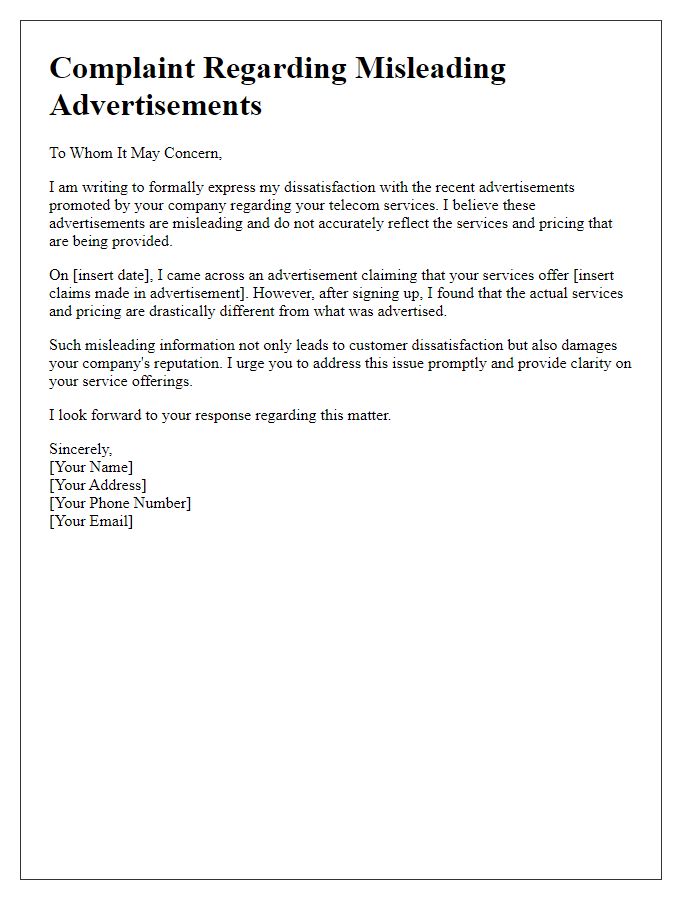 Letter template of telecom service complaint regarding misleading advertisements.