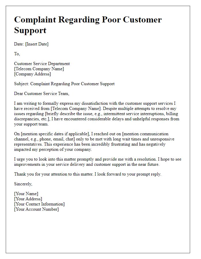 Letter template of telecom service complaint regarding poor customer support.