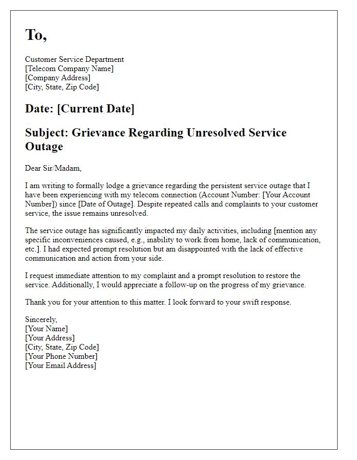 Letter template of telecom service grievance for unresolved service outage.