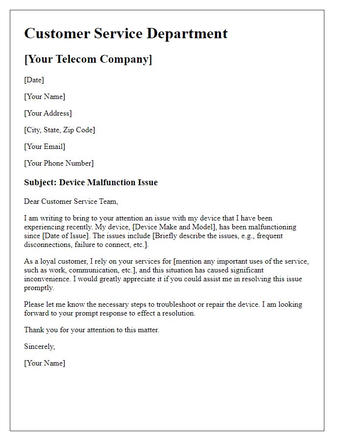 Letter template of telecom service issue concerning device malfunction.