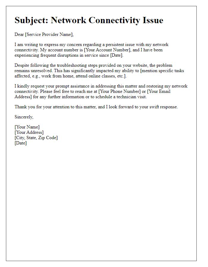 Letter template of telecom service issue regarding network connectivity.