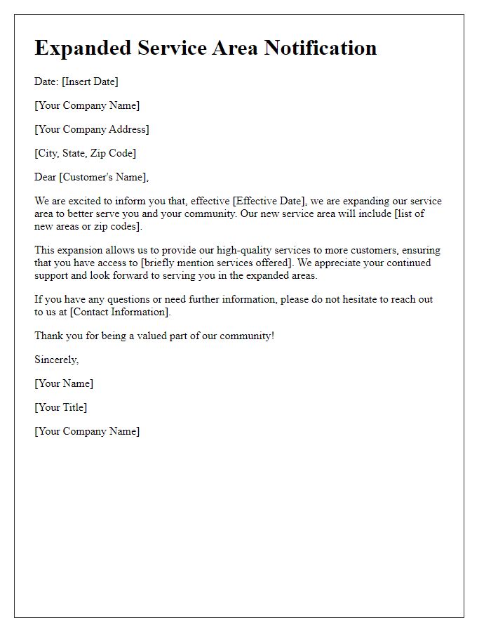 Letter template of expanded service area notification
