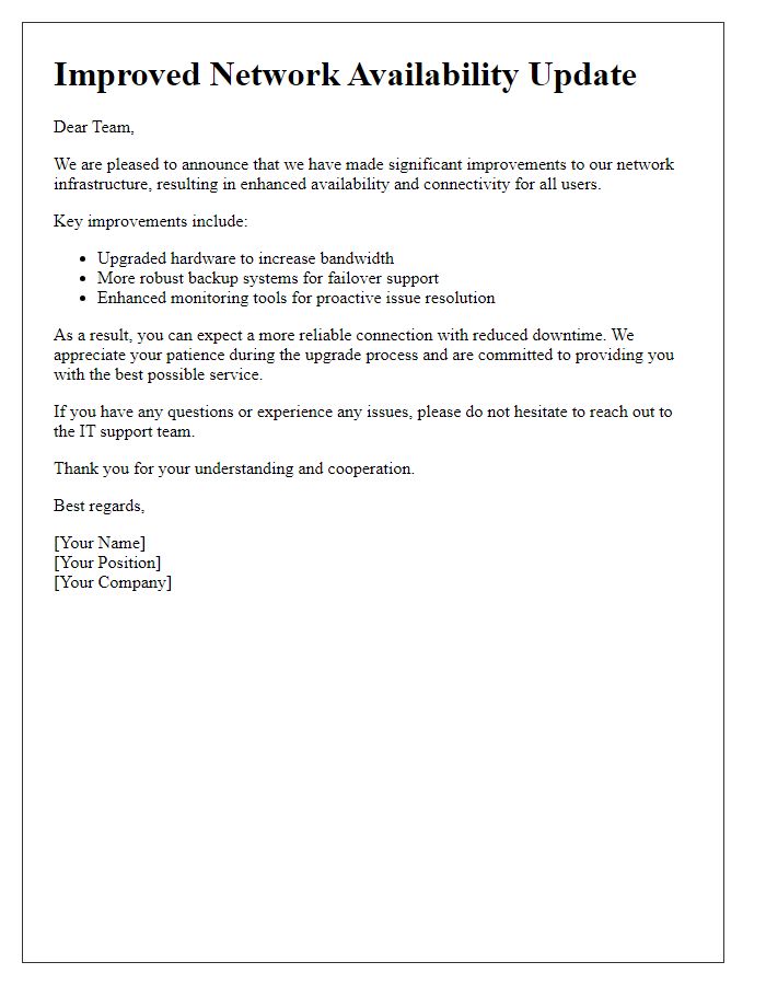 Letter template of improved network availability update