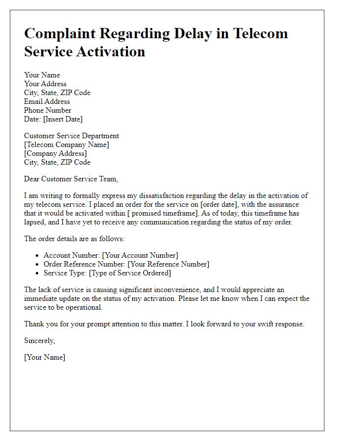 Letter template of telecom service activation delay complaint