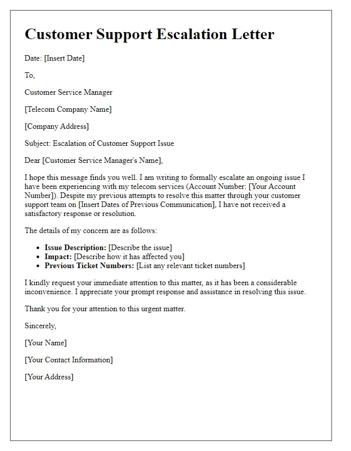 Letter template of telecom service customer support escalation