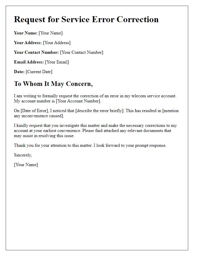 Letter template of telecom service error correction request