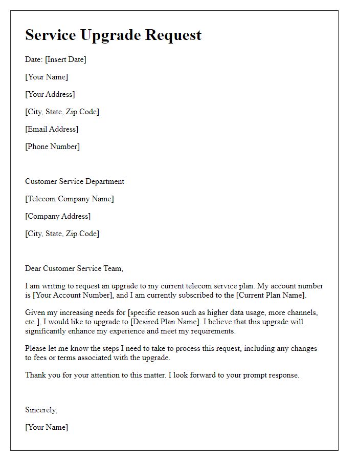 Letter template of telecom service upgrade request