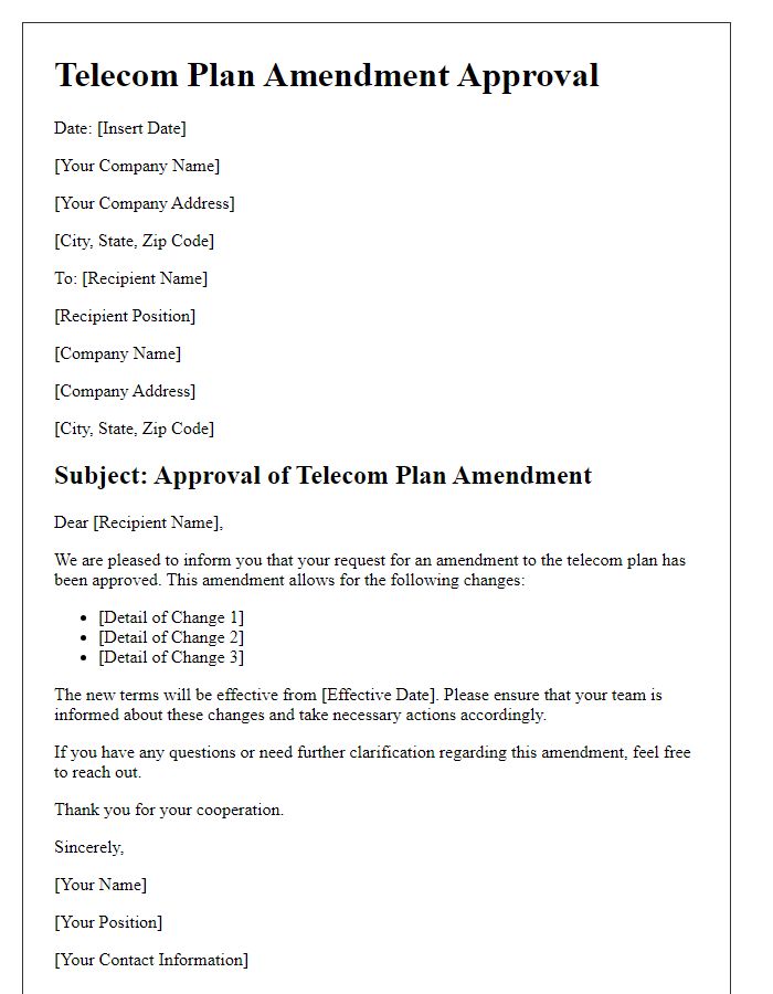 Letter template of Telecom Plan Amendment Approval for Business Use