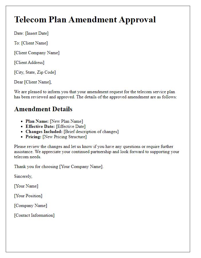 Letter template of Telecom Plan Amendment Approval for Corporate Clients