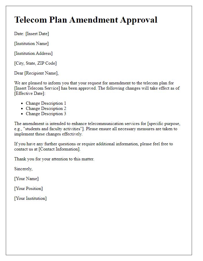 Letter template of Telecom Plan Amendment Approval for Educational Institutions