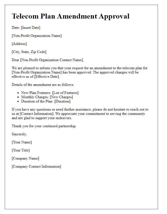 Letter template of Telecom Plan Amendment Approval for Non-Profit Organizations