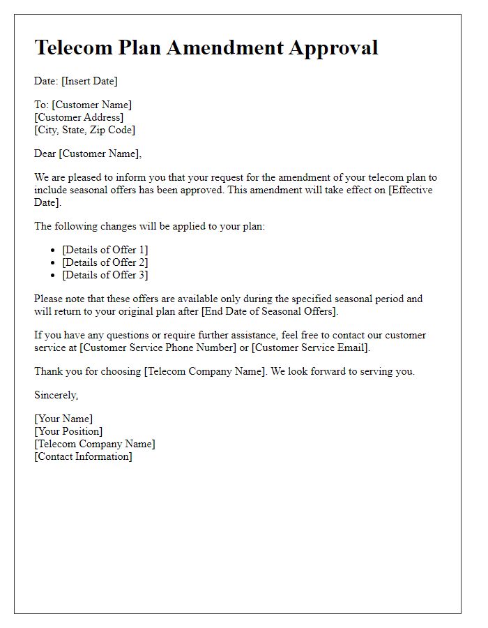 Letter template of Telecom Plan Amendment Approval for Seasonal Offers