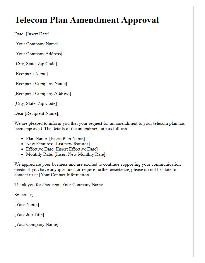 Letter template of Telecom Plan Amendment Approval for Small Businesses