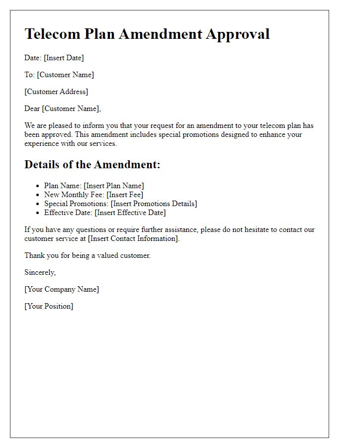 Letter template of Telecom Plan Amendment Approval for Special Promotions