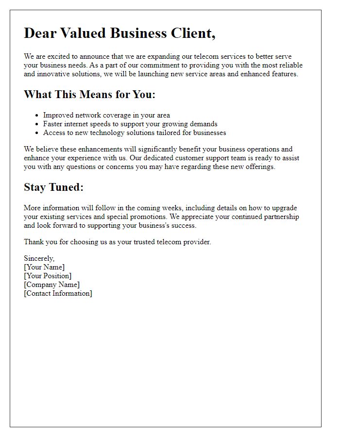 Letter template of telecom service expansion for business clients.