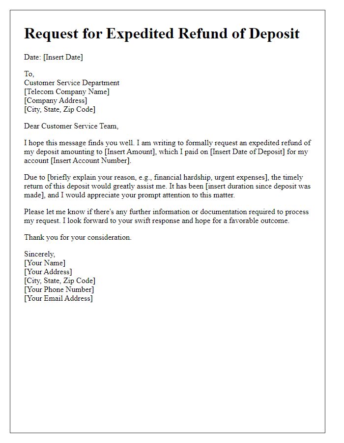 Letter template of appeal for expedited telecom deposit refund.