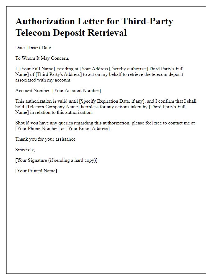 Letter template of authorization for third-party telecom deposit retrieval.